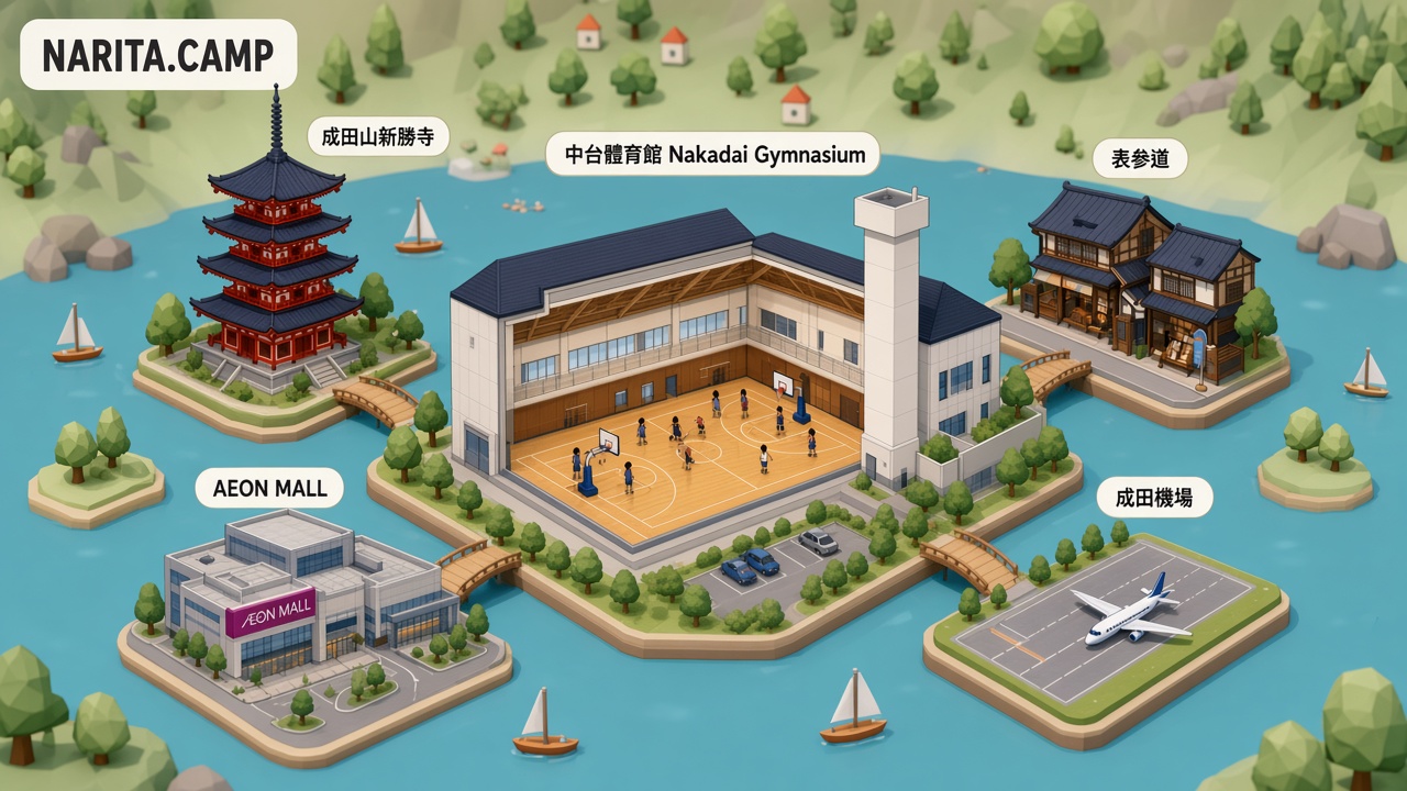 Illustrated map of Narita showing Nakadai Gymnasium and nearby spots